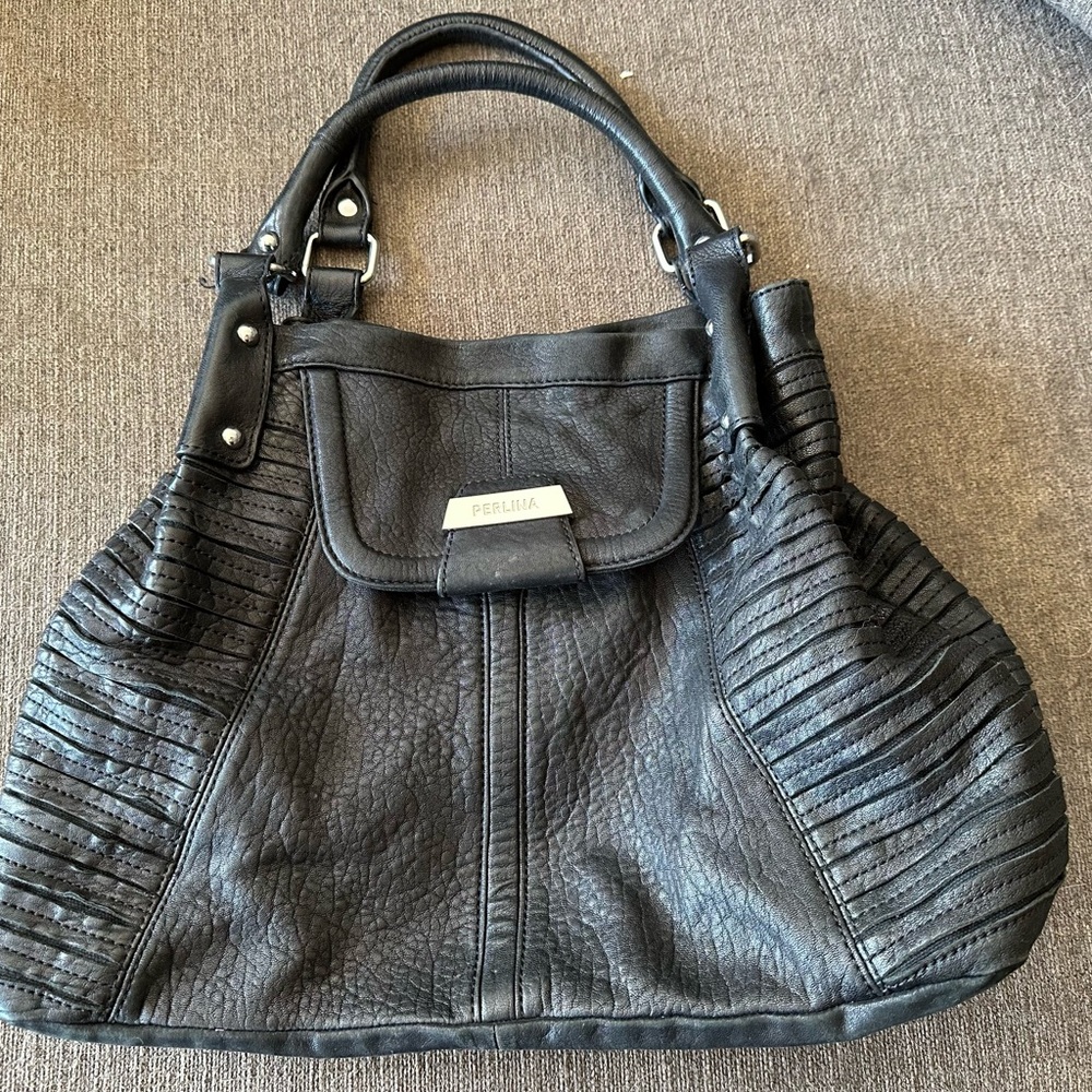 Perlina Black Shoulder Bag with Textured Leather